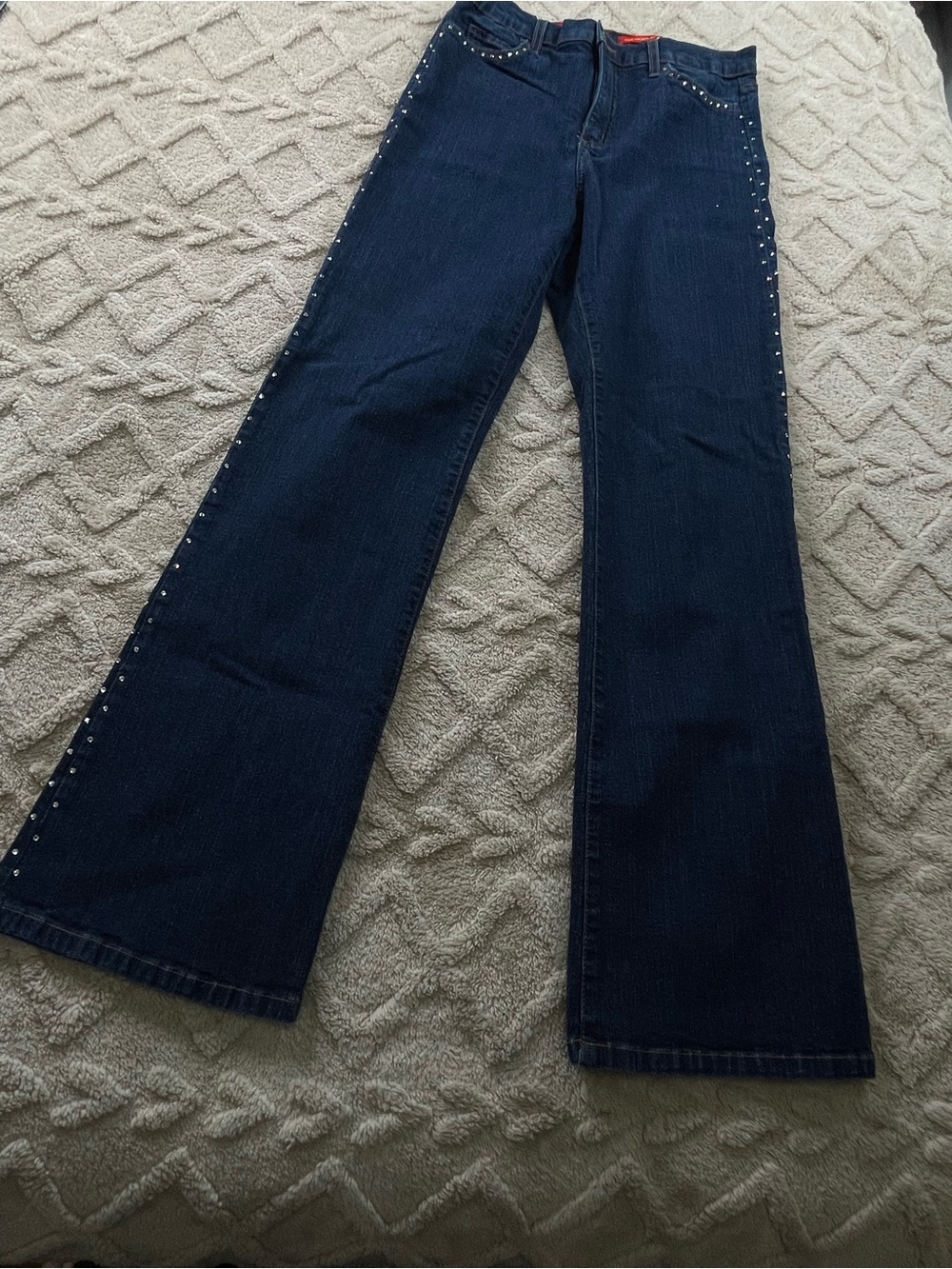 NYDJ Tummy Tuck Dark Blue Wide Leg Jeans with Rhinestones Studs~ Sz 12 Dressy